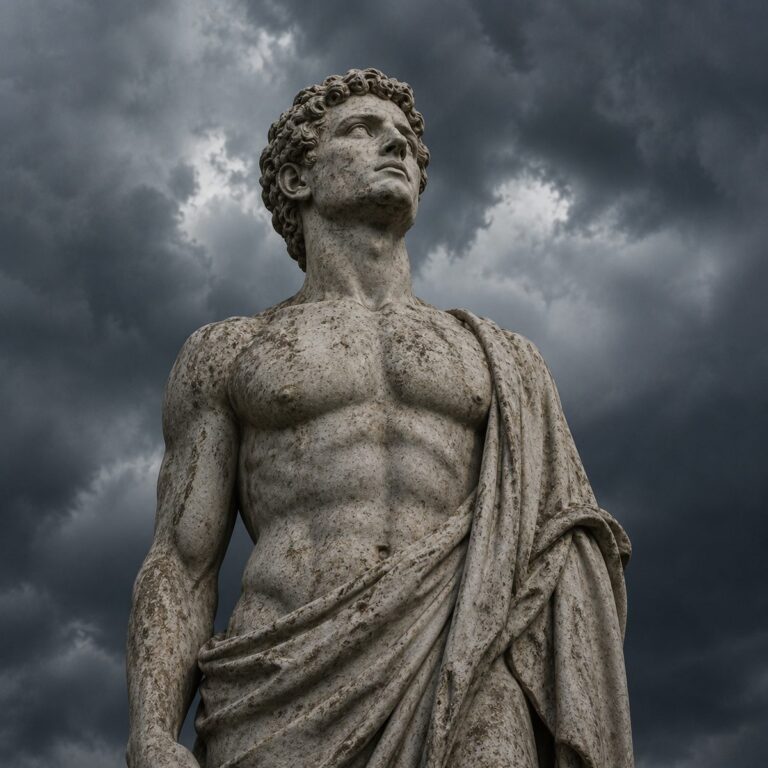 Marble statue of a man facing a stormy sky with calm resolve — amor fati, the love of one’s fate.