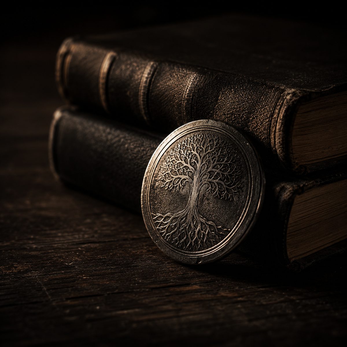 A plain engraved metal medallion on a dark wooden surface beside two stacked hardback books