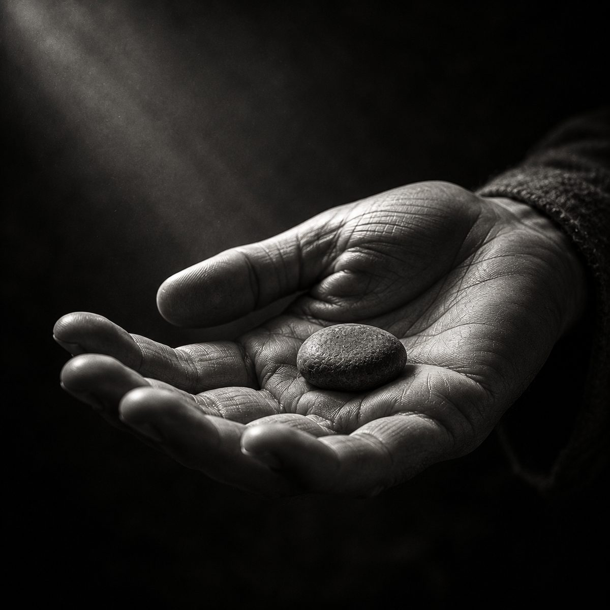An open hand, palm up, holding a single small smooth stone in a shaft of light against darkness