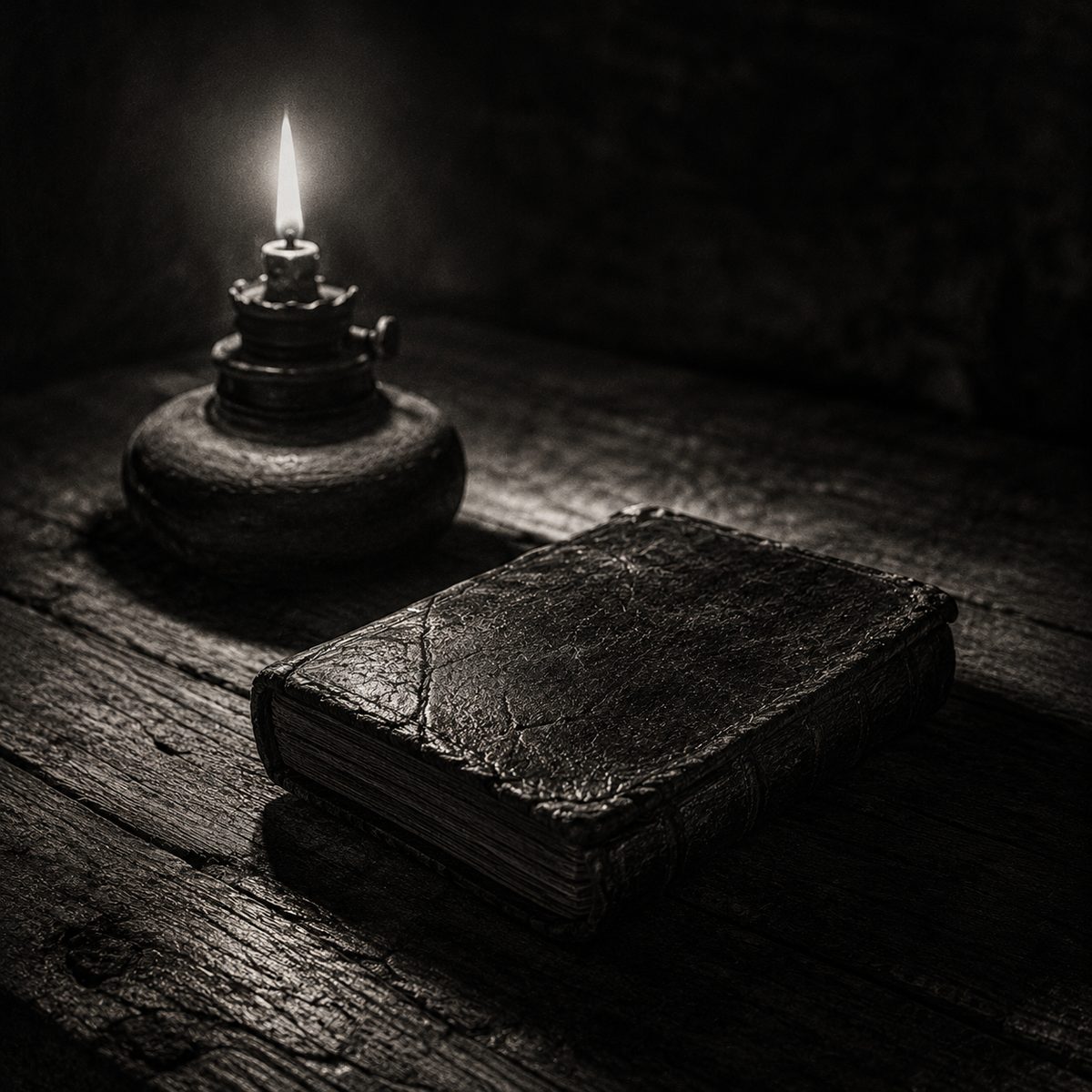 A worn leather handbook beside a dim oil lamp on a rough wooden table in deep shadow