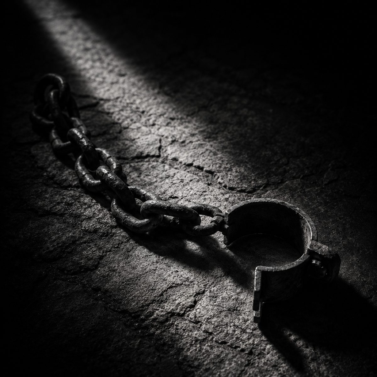 A weathered iron chain with an open, unlocked shackle on rough stone, lit by a single shaft of light