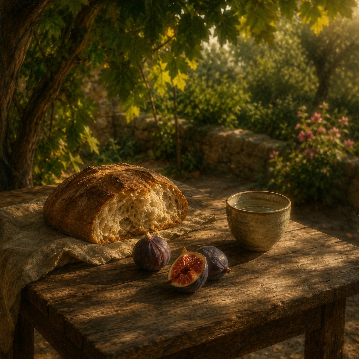 A rustic table with bread, a cup of water and figs in a quiet garden