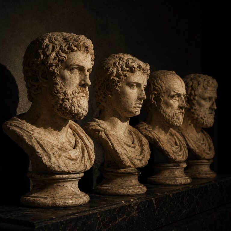 Four weathered classical marble busts in a row lit warmly against deep shadow