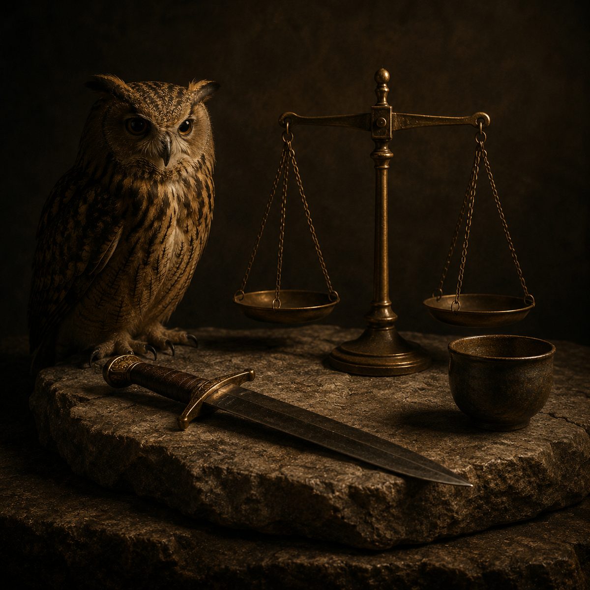 Symbolic still life: an owl, a short sword, a balance scale and a simple cup on stone