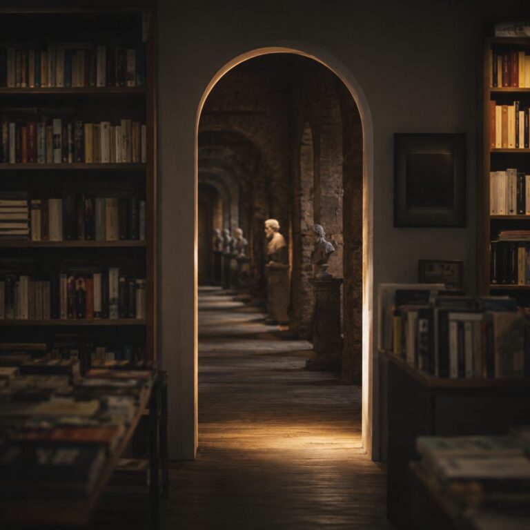 An open glowing doorway leading from a modern bookshop into a dim ancient hall of classical busts