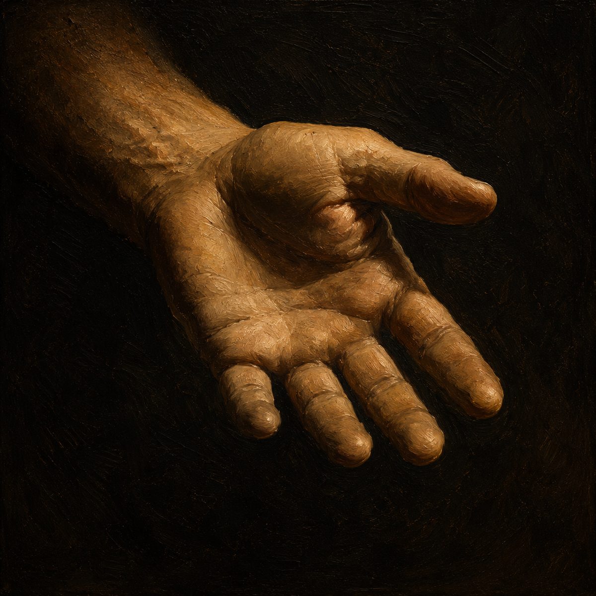 A clenched fist opening into a relaxed open palm in warm light against a dark background