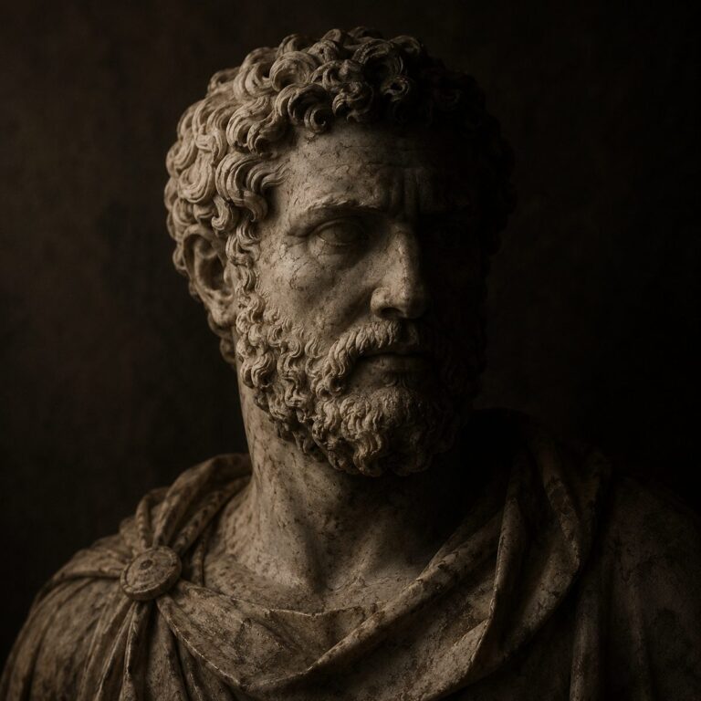 A weathered marble bust of a bearded Roman, half in soft light and half in shadow