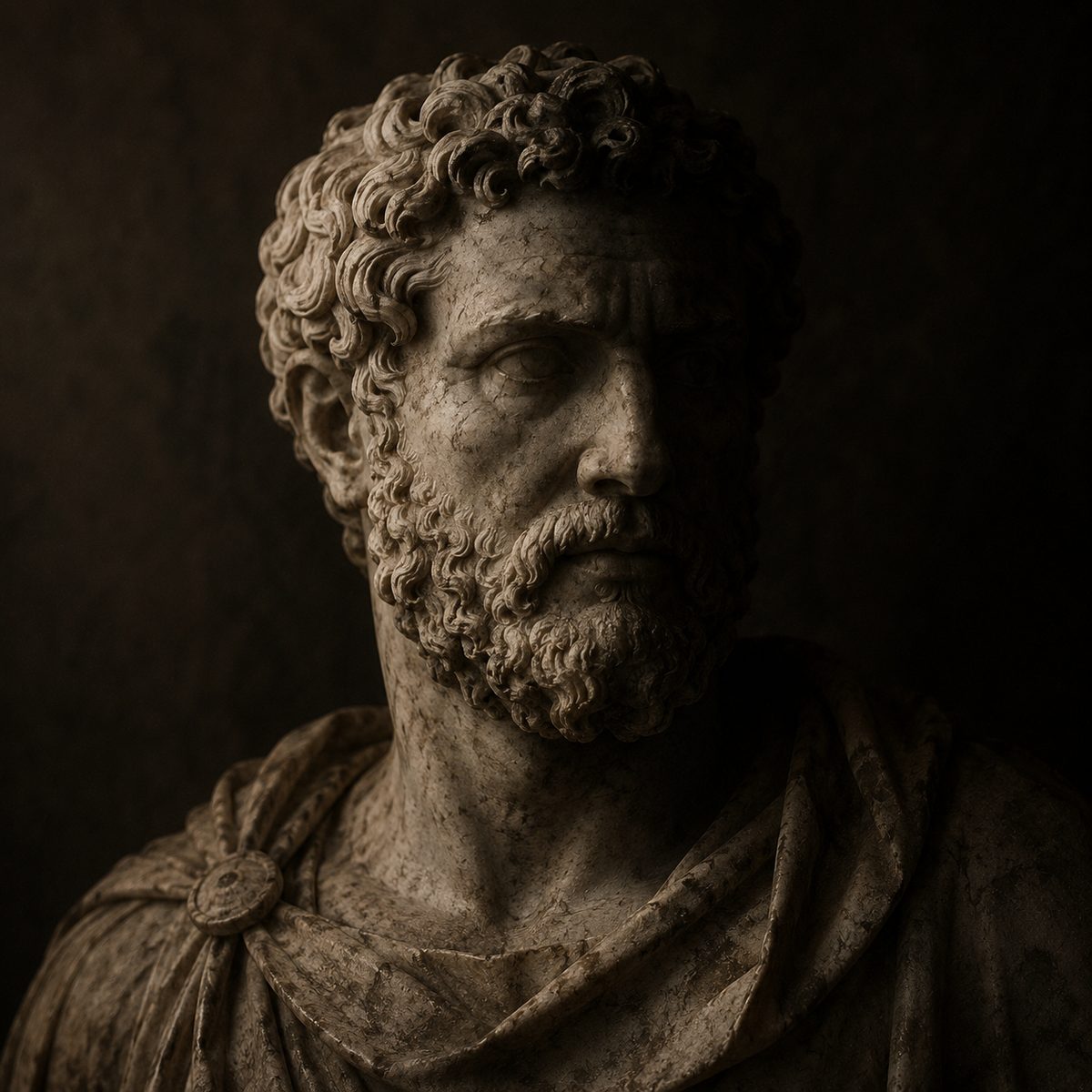 A weathered marble bust of a bearded Roman, half in soft light and half in shadow