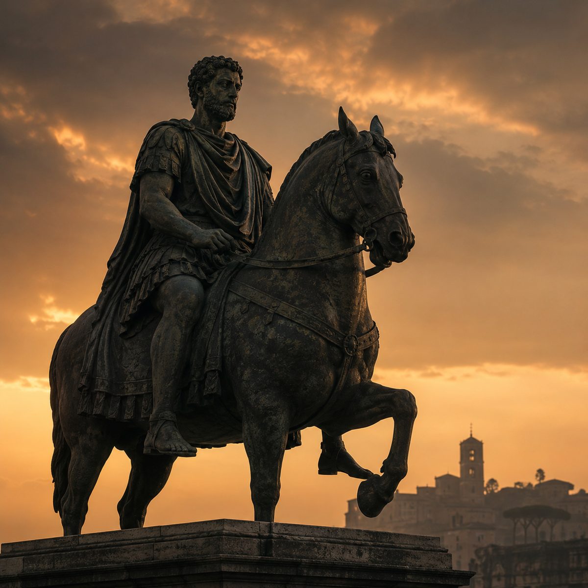 A bronze equestrian statue of a Roman emperor silhouetted against a dusk sky
