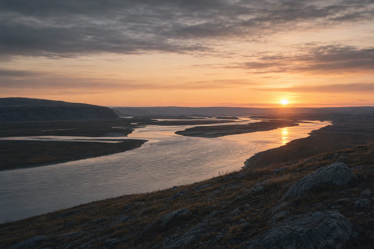A quiet sunset over a wide river plain, still and elegiac