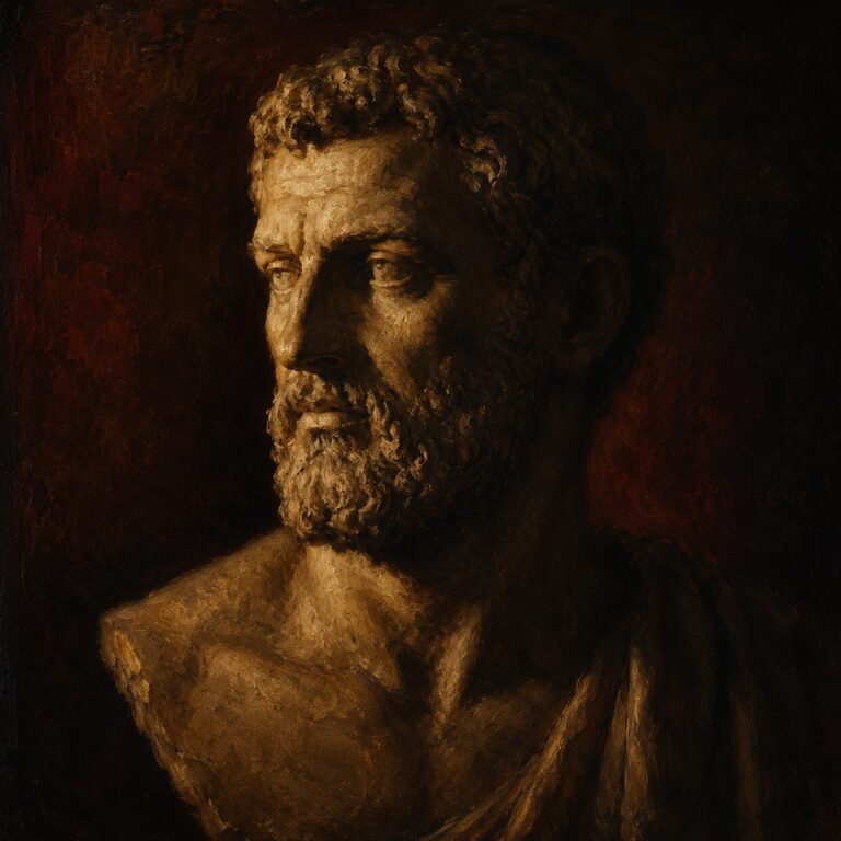 Oil-painting portrait of a weathered Roman marble bust, one side lit by warm light against deep shadow