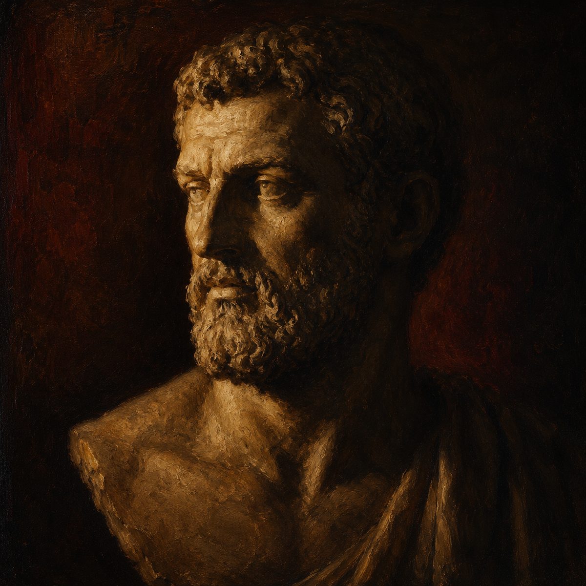 Oil-painting portrait of a weathered Roman marble bust, one side lit by warm light against deep shadow