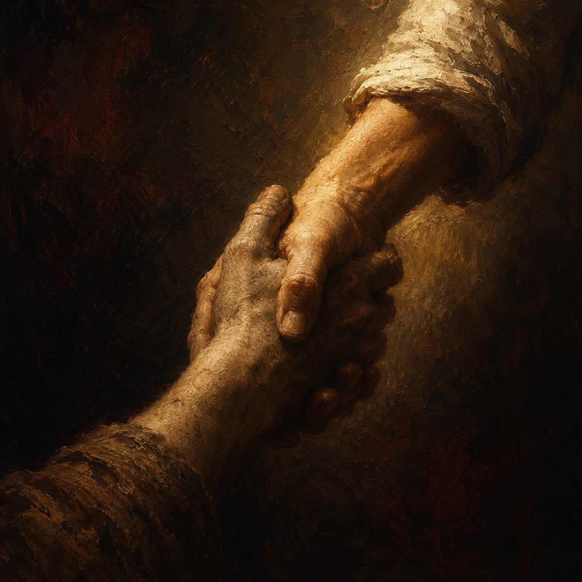 Two weathered hands clasped together, one lifting the other up out of shadow