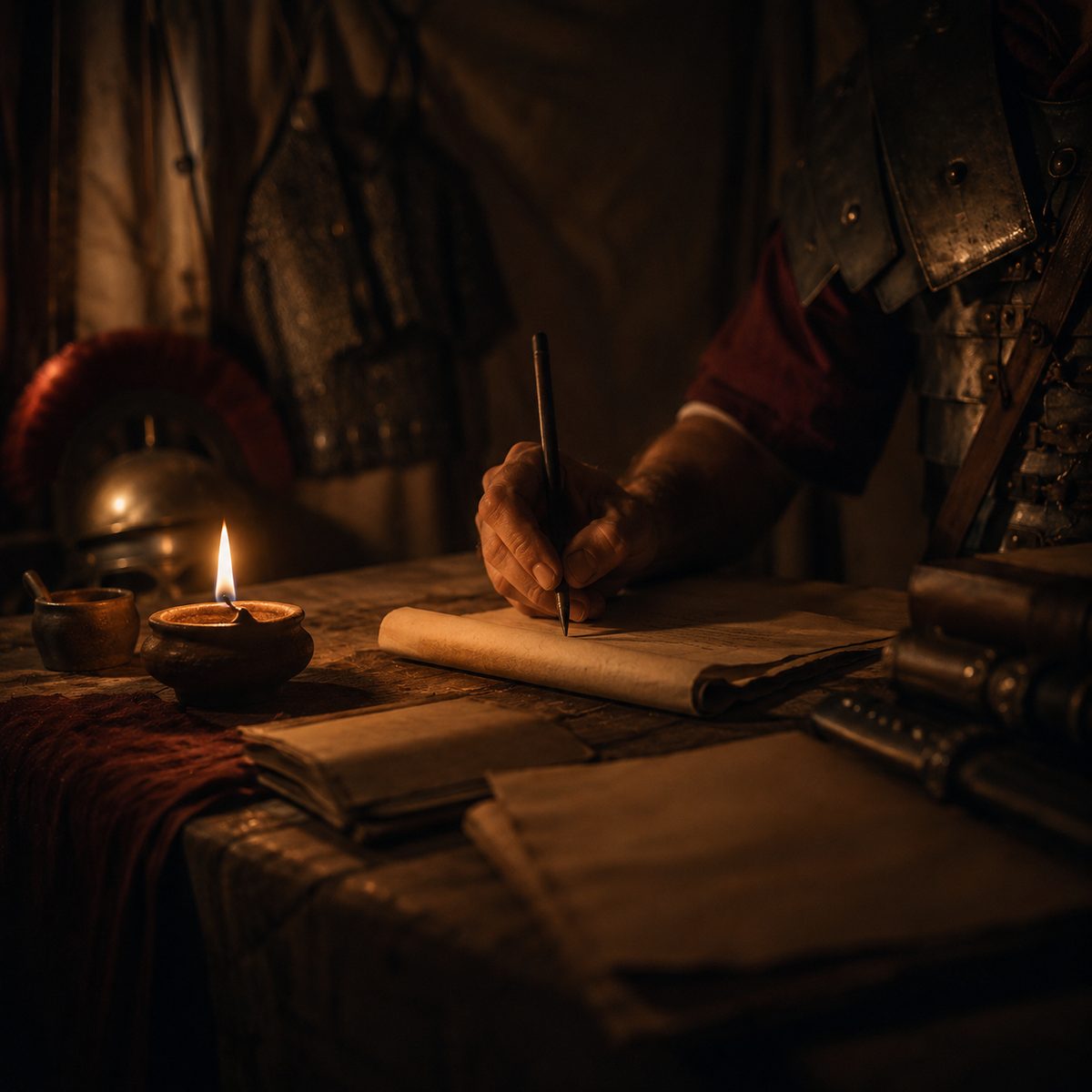 A hand writing on a scroll by candlelight in a Roman military tent, armor in shadow