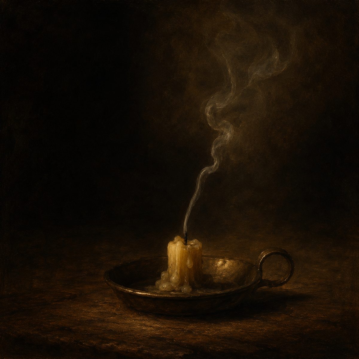 A single candle burned low to its base with a thin curl of smoke on a dark wooden table