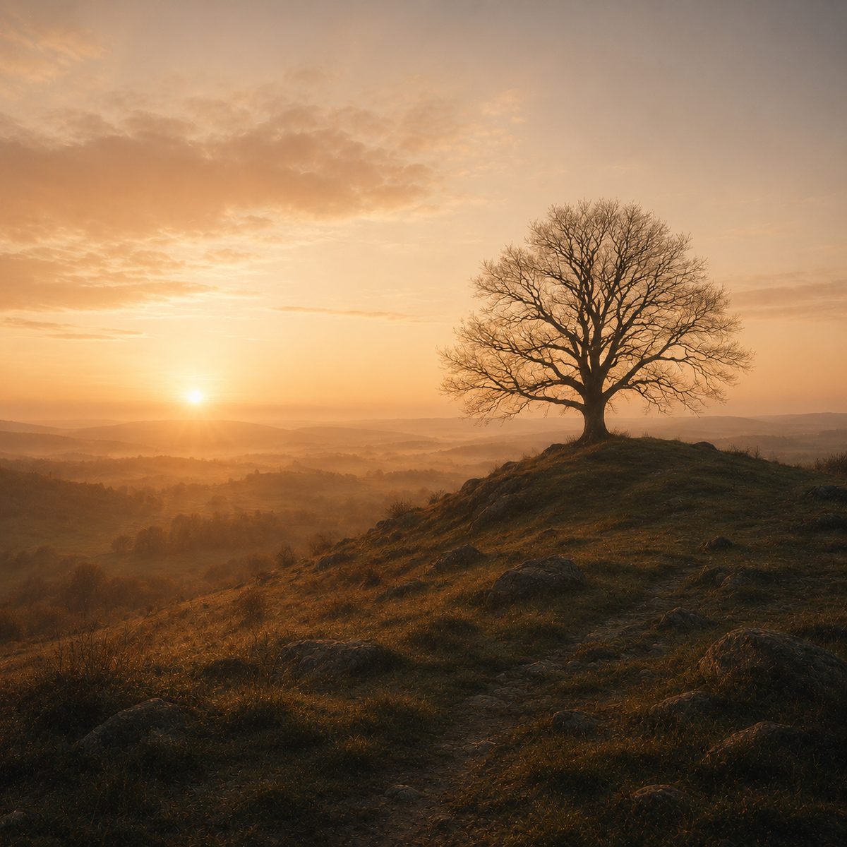 First dawn light over a calm landscape with a single bare tree on a hill