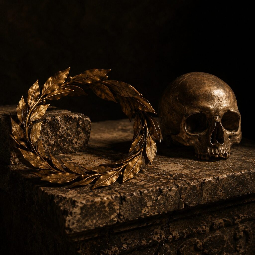 A Roman laurel wreath beside a small bronze skull on weathered stone in warm light