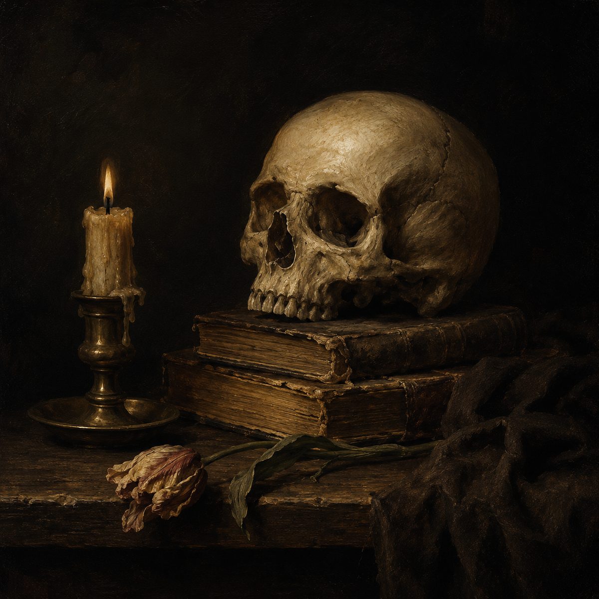 A classical vanitas still life with a skull resting on old books beside a guttering candle and a wilting flower