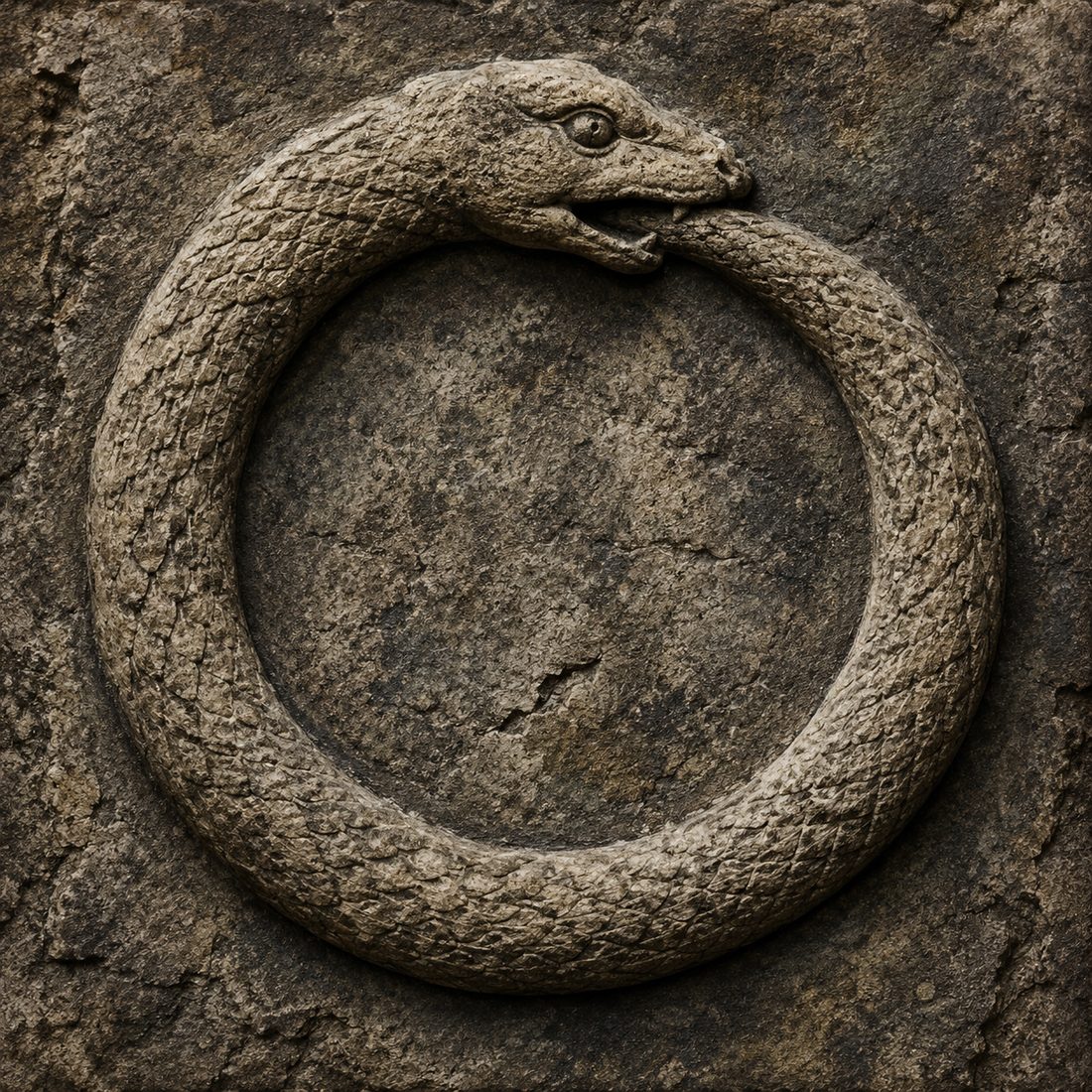Stone carving of an ouroboros, a serpent eating its own tail — symbol of eternal recurrence.