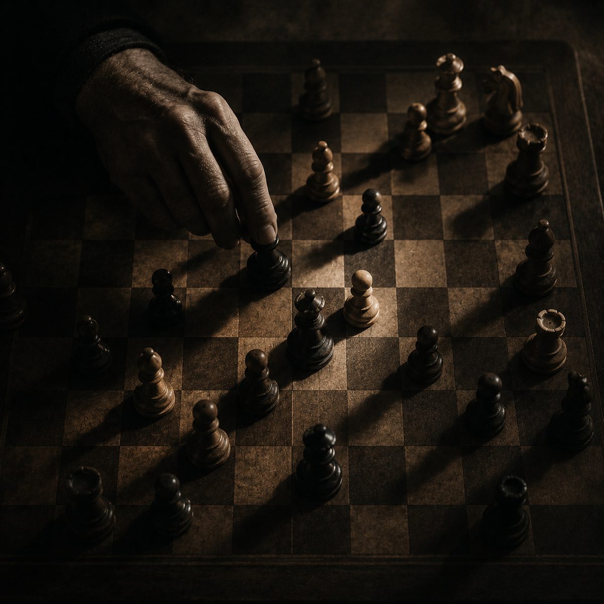 A chessboard mid-game shot from above with a hand poised over a piece