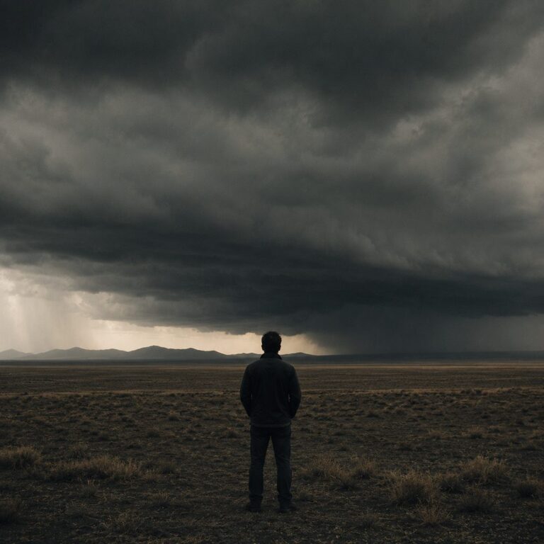 A lone figure seen from behind on an open plain watching a dark storm gather on the horizon