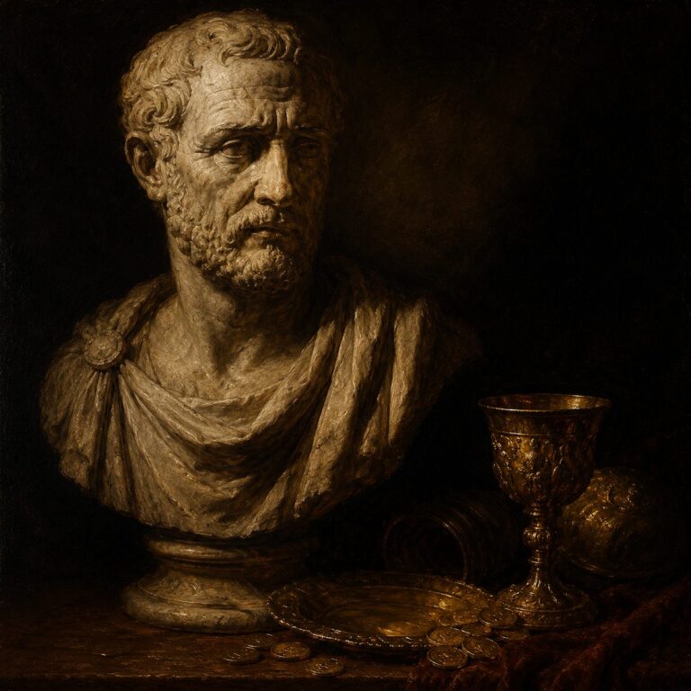 A weathered Roman marble bust beside gold coins and a goblet, lit by a single warm light in shadow
