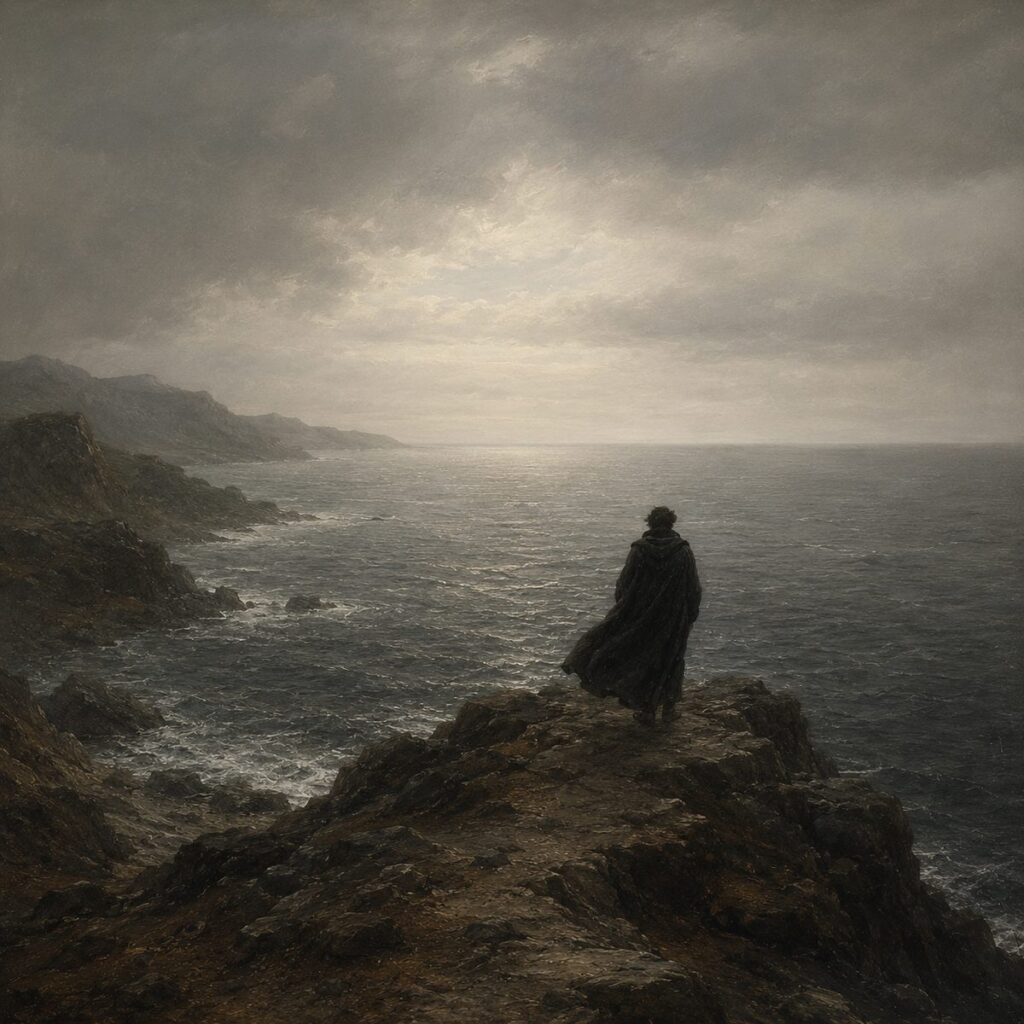 A lone robed figure on a windswept rocky coast looking out to sea