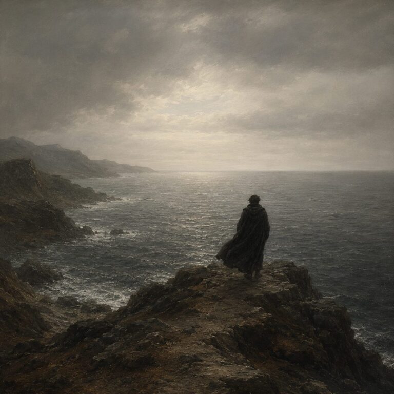 A lone robed figure on a windswept rocky coast looking out to sea