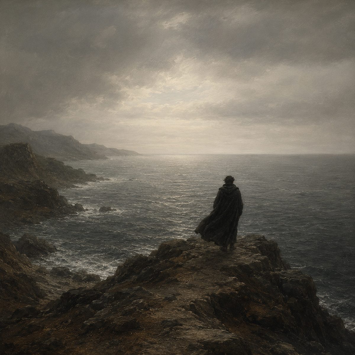 A lone robed figure on a windswept rocky coast looking out to sea