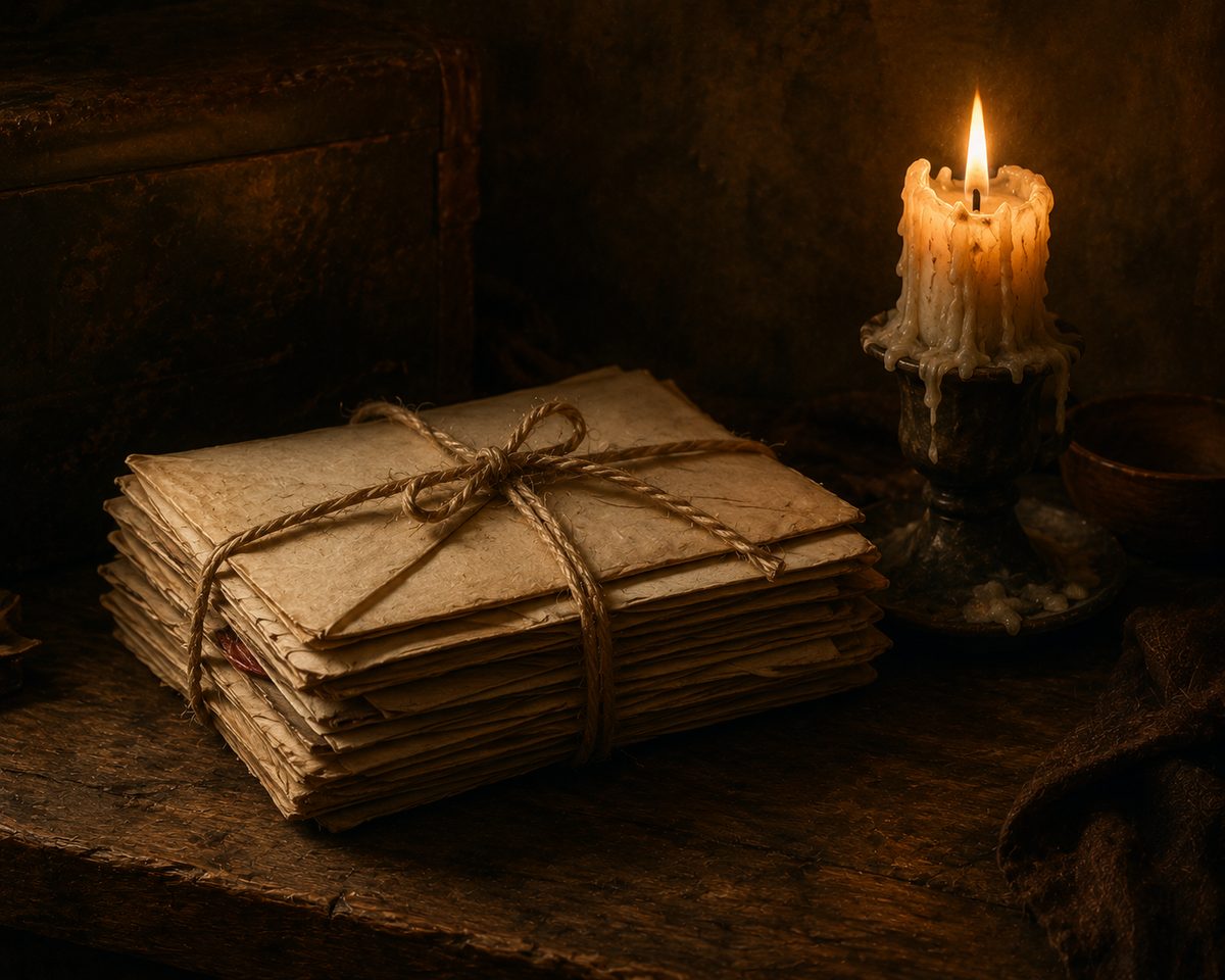 A bundle of old letters tied with cord beside a candle on dark wood