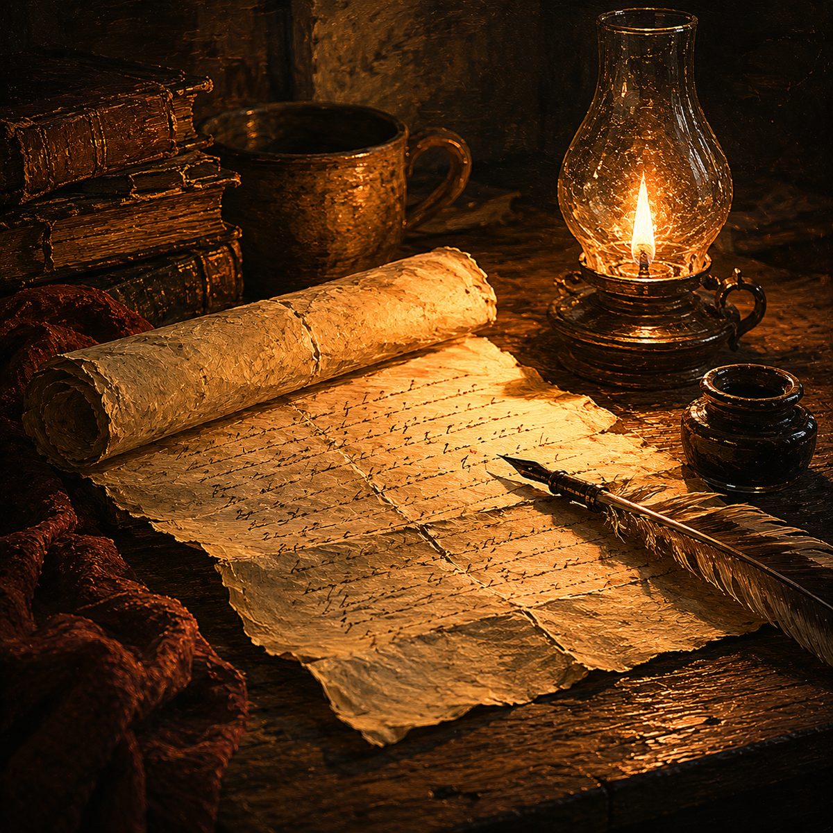 An open handwritten letter beside a quill and an oil lamp on a wooden desk