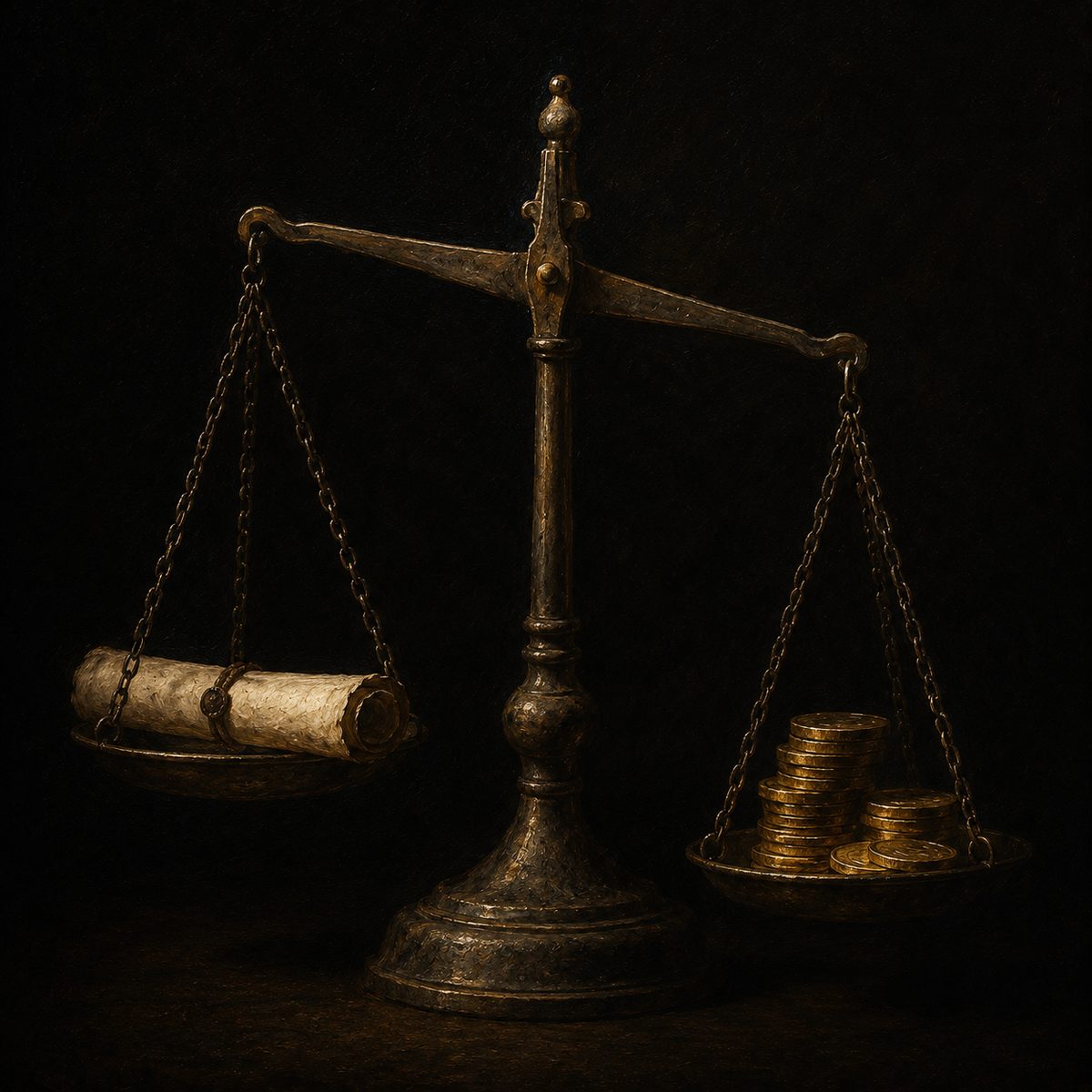 An old balance scale weighing a scroll against a stack of gold coins against a black background