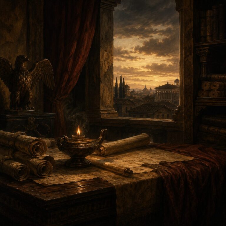 A Roman senator’s study at dusk with scrolls, a bronze lamp, and a window onto the city