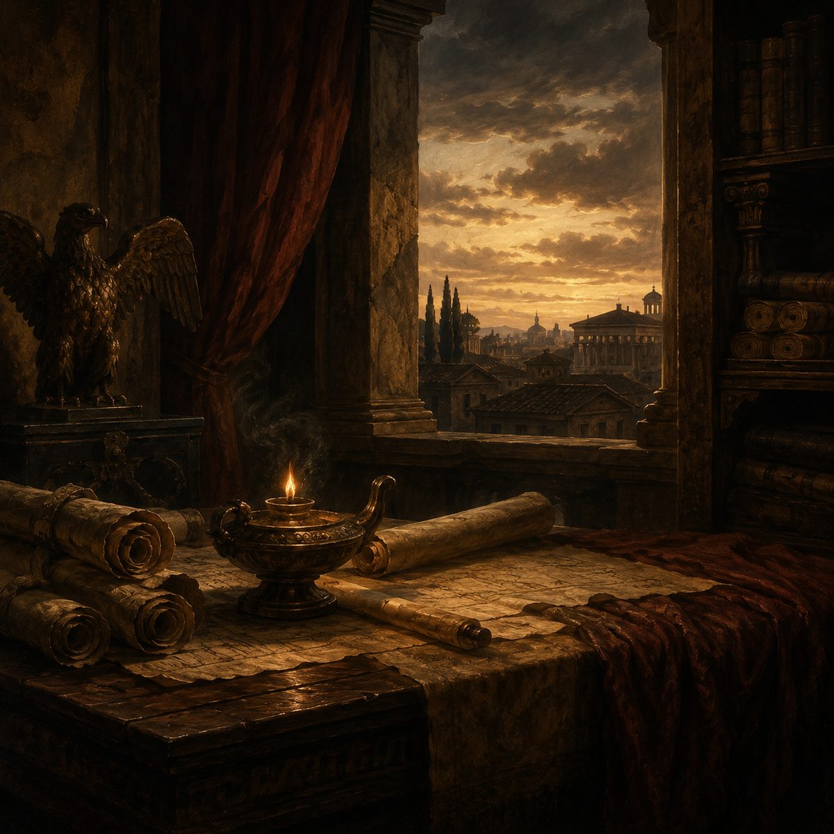 A Roman senator’s study at dusk with scrolls, a bronze lamp, and a window onto the city