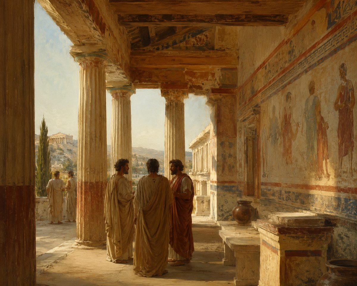 An ancient Athenian painted colonnade with faded murals and robed figures