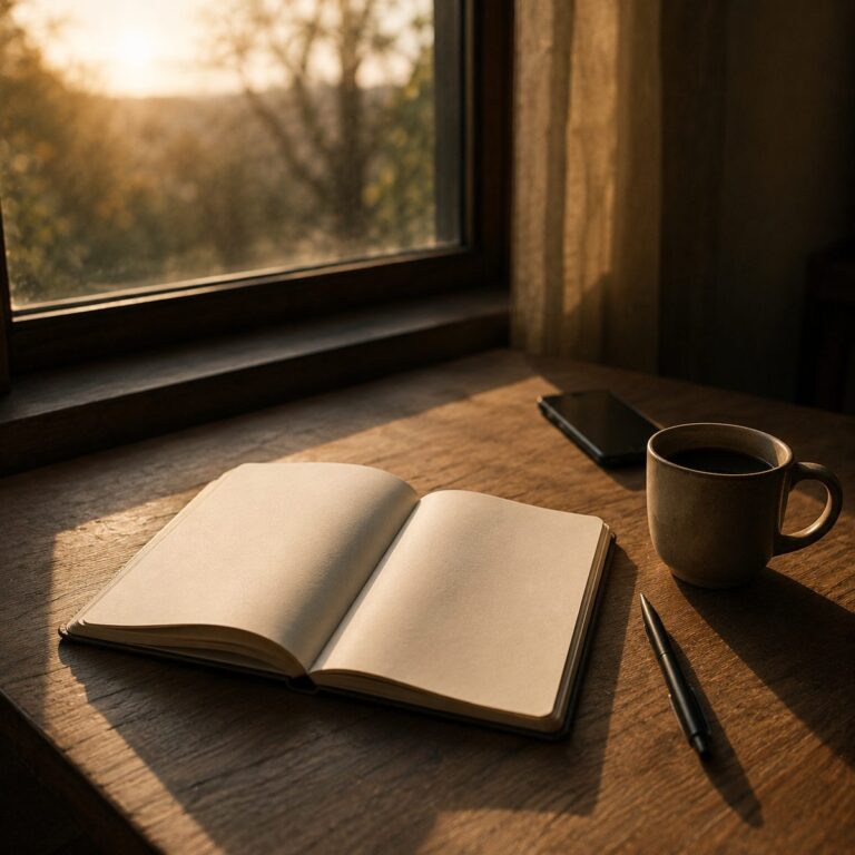 Dawn light across a wooden desk with an open notebook, pen, coffee, and a phone face-down