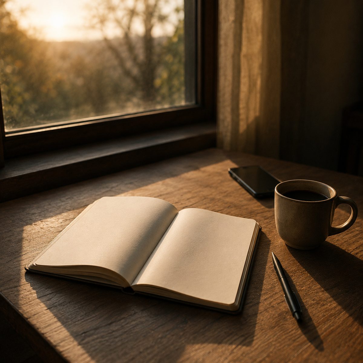 Dawn light across a wooden desk with an open notebook, pen, coffee, and a phone face-down