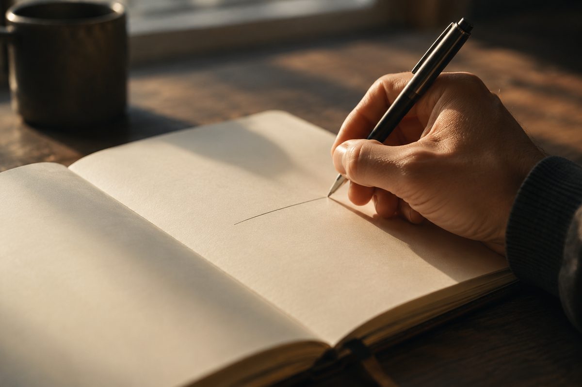 A hand writing a single short line in a notebook by soft morning light