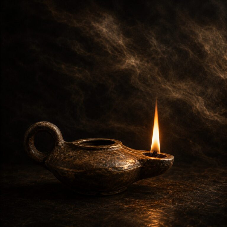 An ancient oil lamp burning with a single steady flame in darkness — Stoic preparedness, not naive optimism.