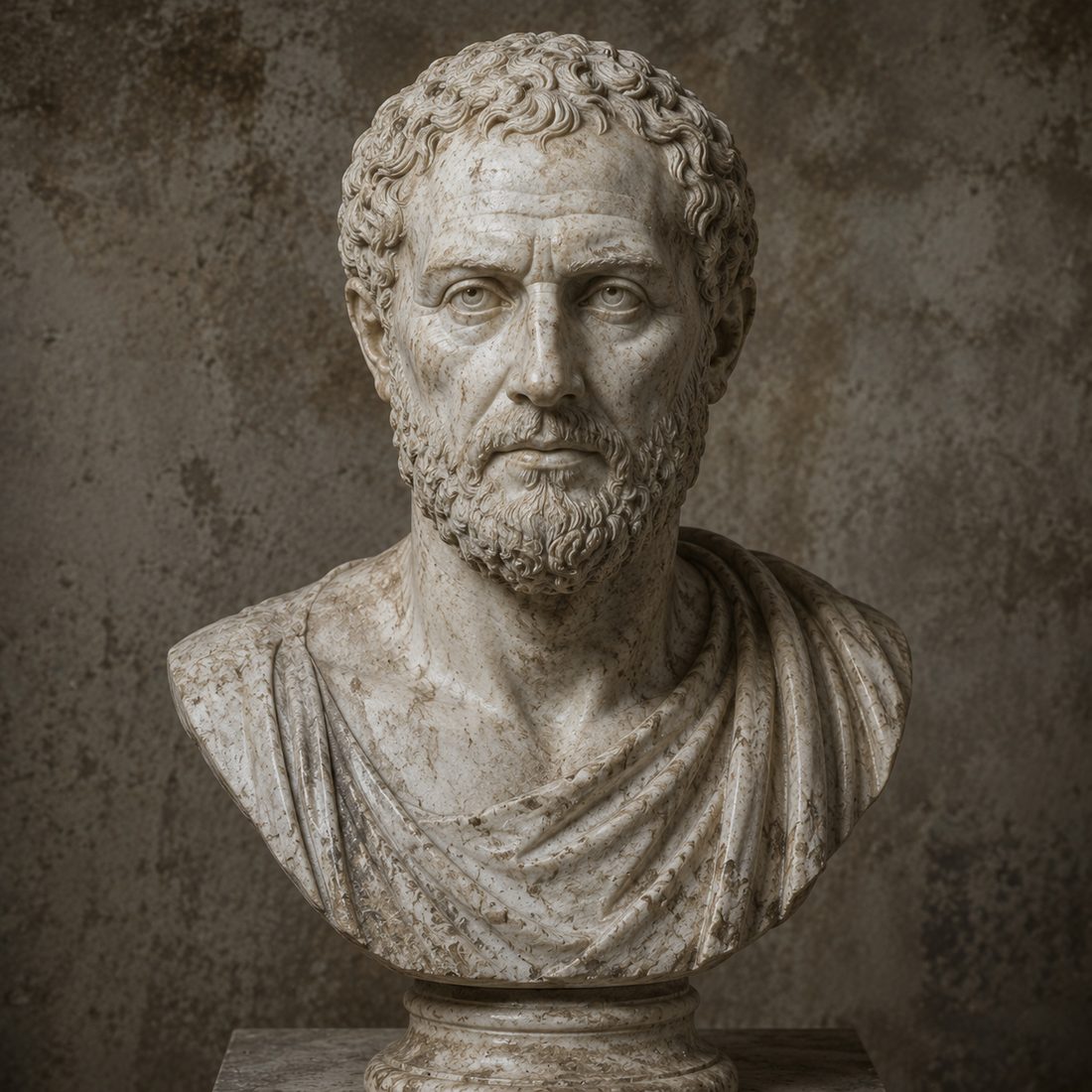 Weathered marble bust of a bearded man with a calm, clear-eyed, unsentimental gaze.