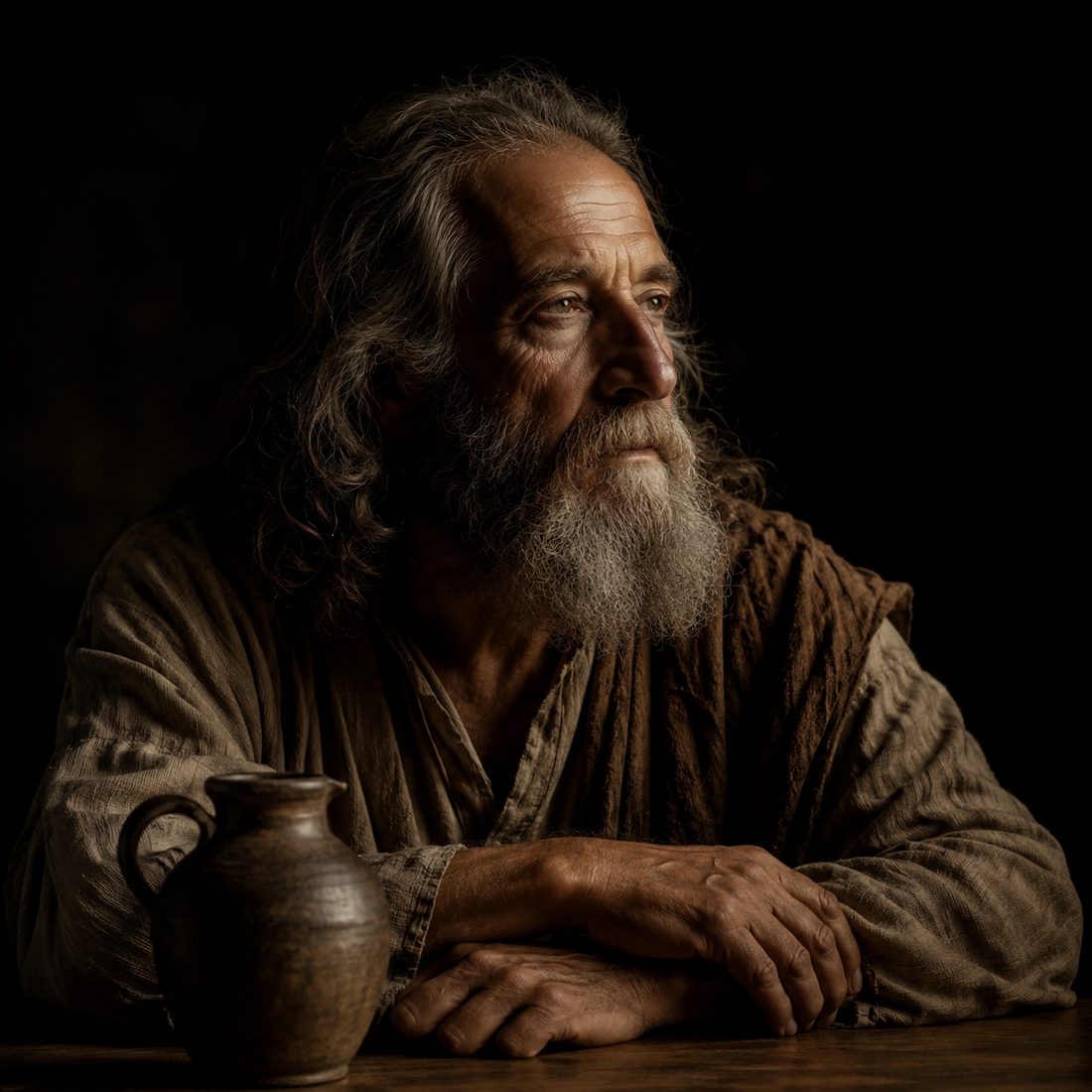 An older man in quiet contemplation by candlelight, evoking the Stoic practice of examining one’s judgements.