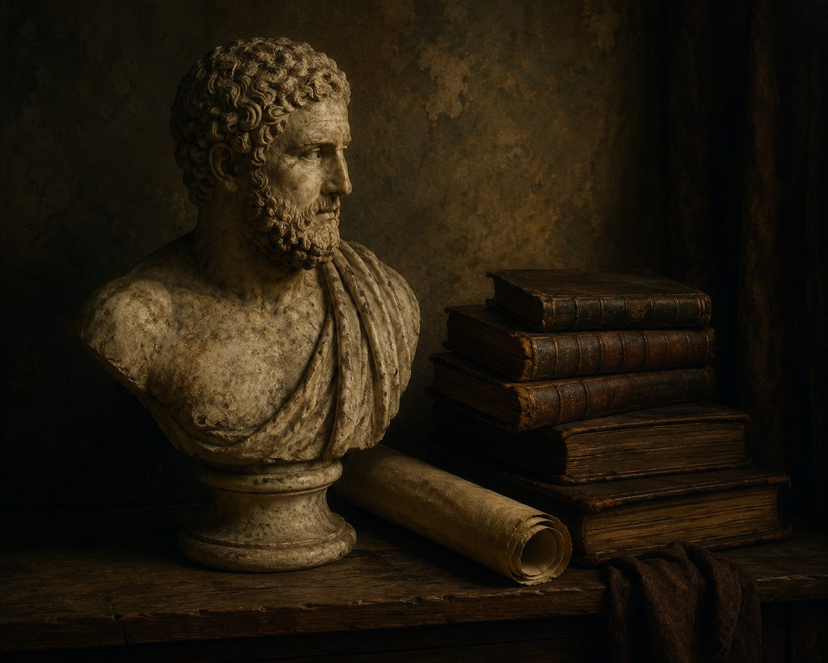 A marble bust beside a stack of old leather books and a scroll in warm light
