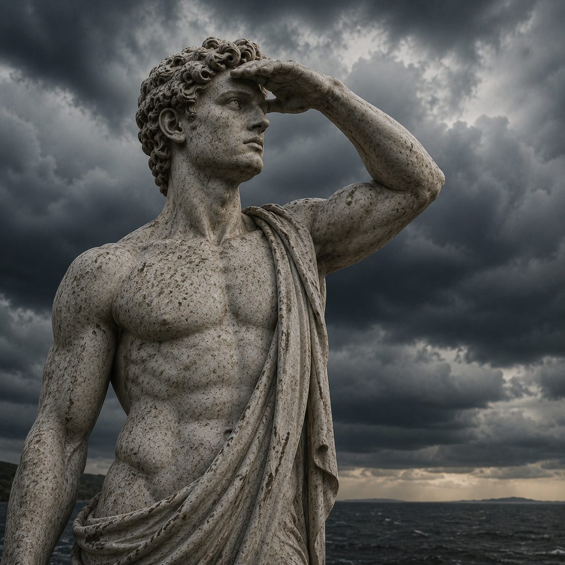 Marble statue of a man shielding his eyes, watching a storm gather over the sea — the Stoic practice of premeditatio malorum.