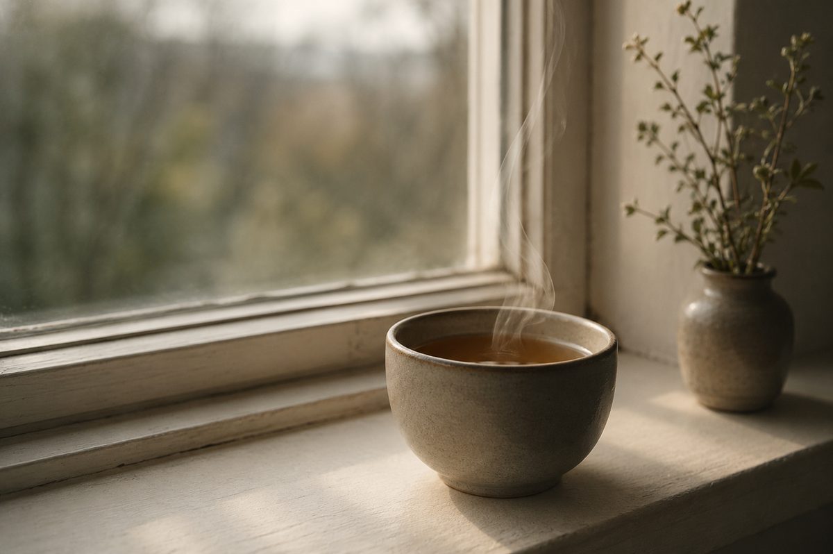 A warm cup of tea with a wisp of steam on a windowsill in soft daylight