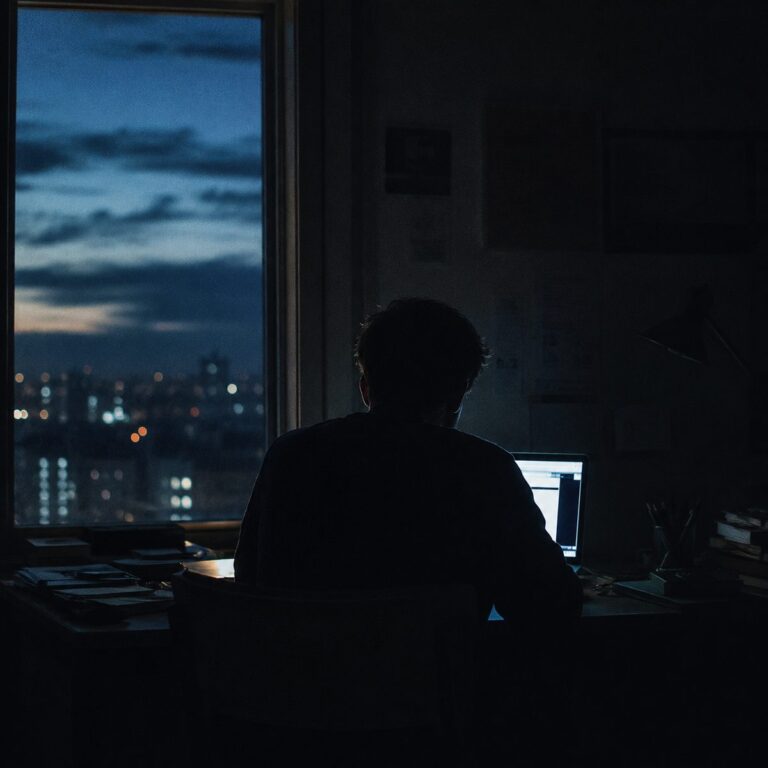 A person seen from behind at a desk late at night, lit only by a laptop glow, dusk over a distant city in the window