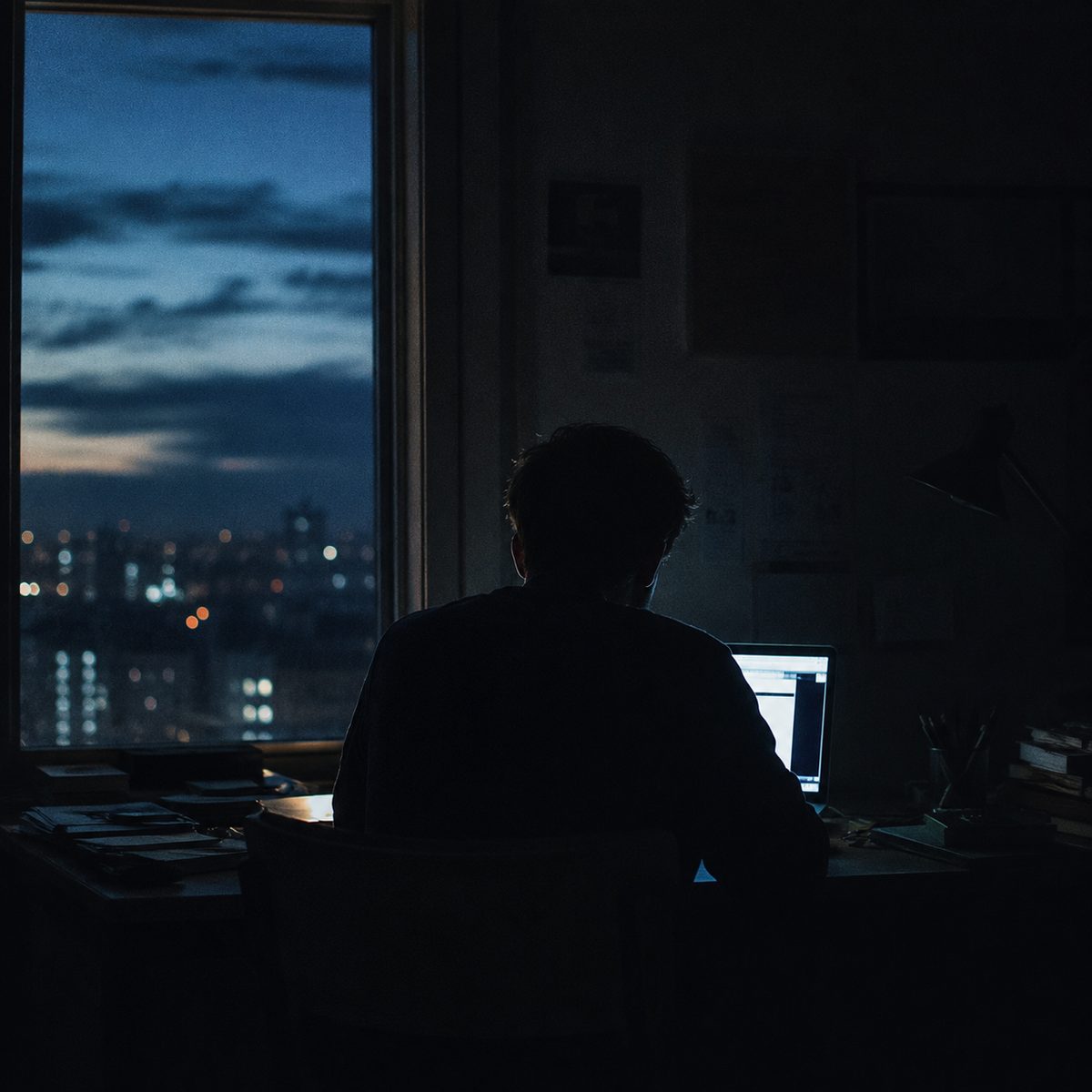 A person seen from behind at a desk late at night, lit only by a laptop glow, dusk over a distant city in the window
