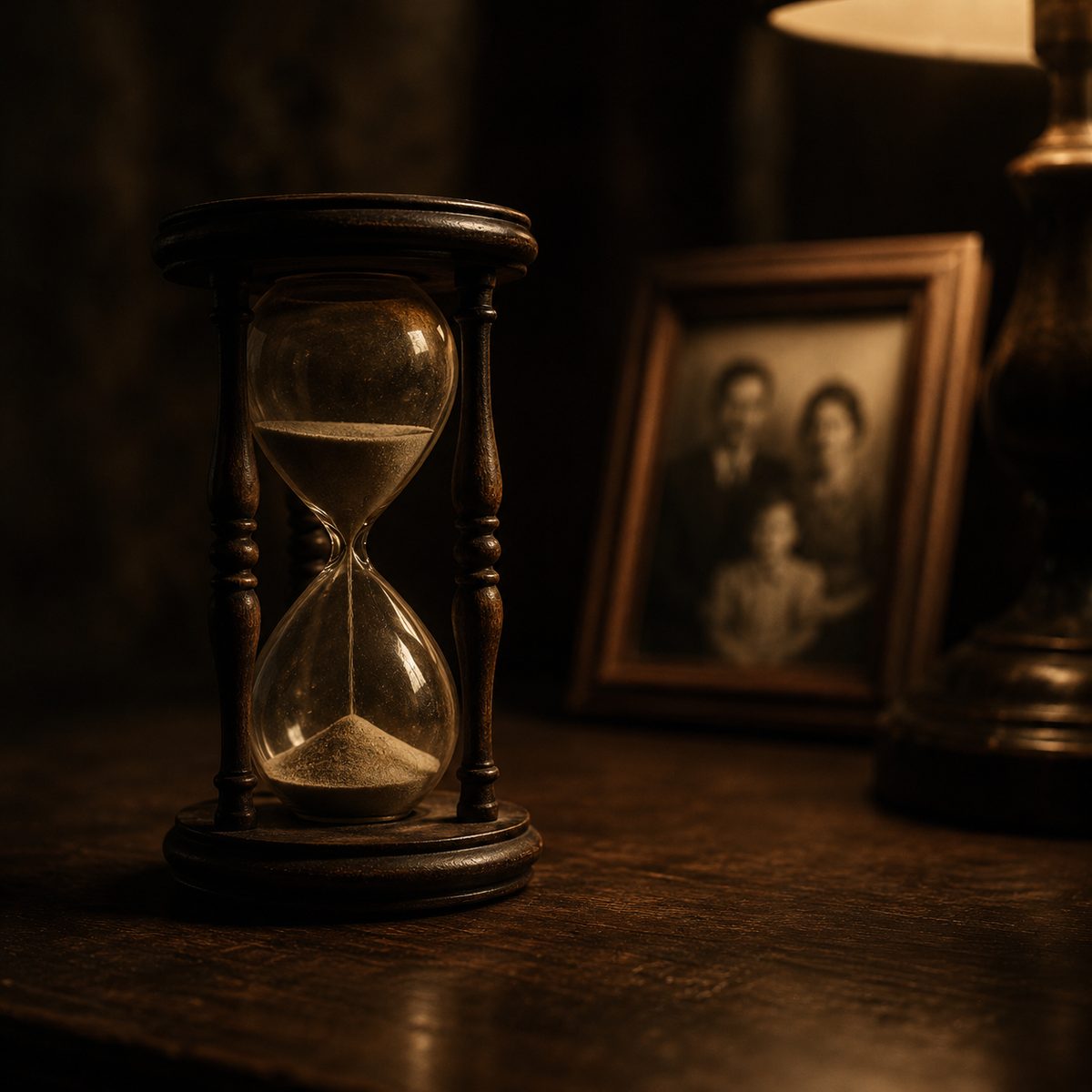 An hourglass on a wooden desk beside a softly out-of-focus framed family photo in warm lamplight