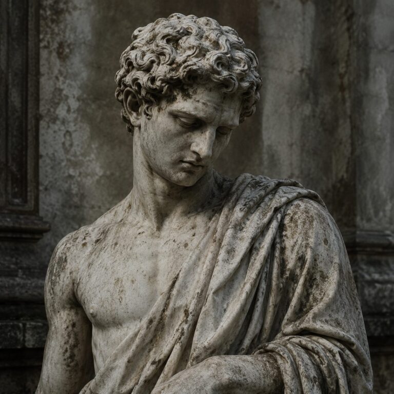 Marble statue of a young man with bowed head, conveying restrained emotion — Stoicism manages feeling rather than suppressing it.