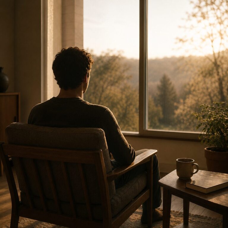 A person sitting calmly by a sunlit window in a quiet room, seen from behind
