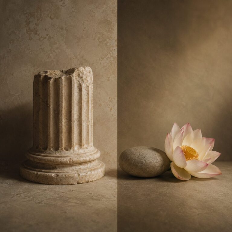A Greek marble column fragment beside a smooth stone and a lotus flower on a neutral surface